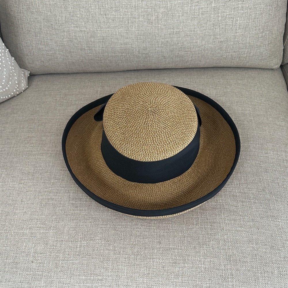 Eric Javits Tan Straw Hat with Black Trim